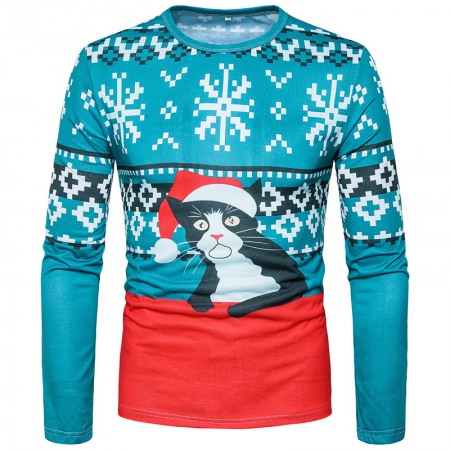 New Fashion 3D Characteristic Cartoon Cat Print Round Neck Long Sleeve T-Shirt