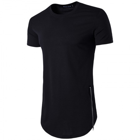 Summer Men's Personality High Street Style Double Zipper Long Round Neck T-Shirt