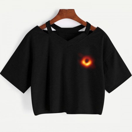 V-Neck Cutout Black Hole Print Short T-Shirt