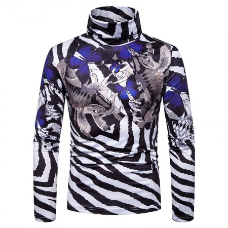 New Men's Large Size 3D Striped Carp Print High Neck Long Sleeve T-Shirt Bottoming Shirt