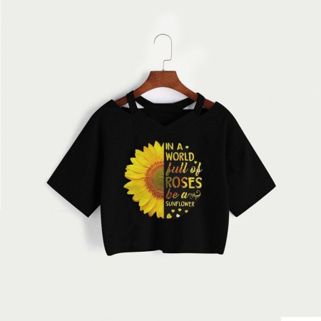 Summer Hot Sunflower Print V-Neck Short T-Shirt